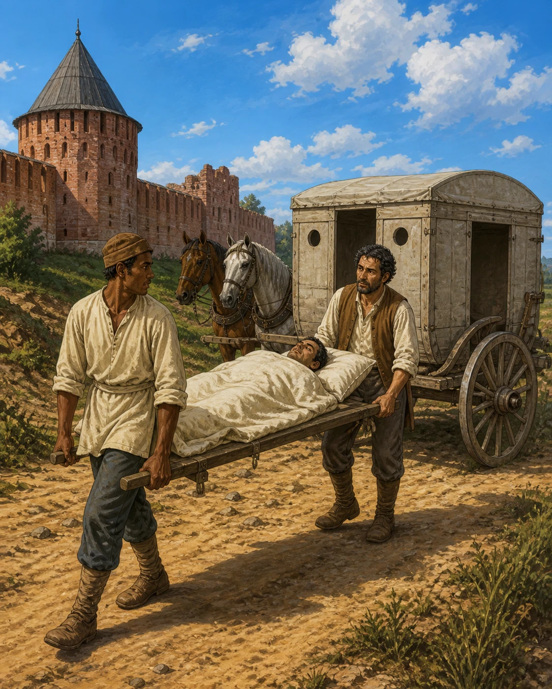 Помощники несут раненого рядом с историческим амбулансом