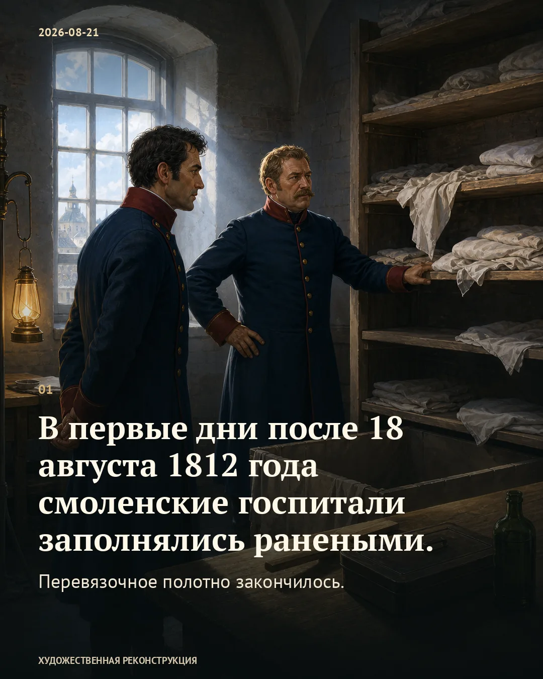 Двое мужчин у полок с тканью; карточка о нехватке полотна в смоленских госпиталях.