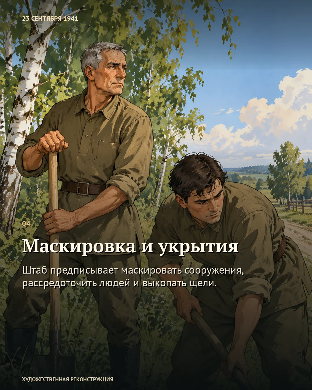 Карточка о маскировке и укрытиях: двое мужчин с лопатами у берёз.