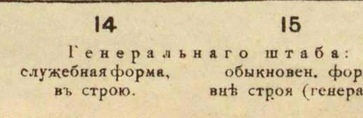 Общая подписьГенерального штаба:слева 14,служебная форма в строю;справа 15,обыкновенная вне строя(генерал).
