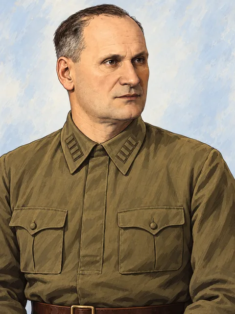 Георгий Николаевич Первенцев. Художественная реконструкция Первенцева в сентябре 1941 года, в возрасте 43 лет. Черты лица основаны на недатированном позднем портрете из библиотечного сборника; возрастная адаптация и цвета условны.