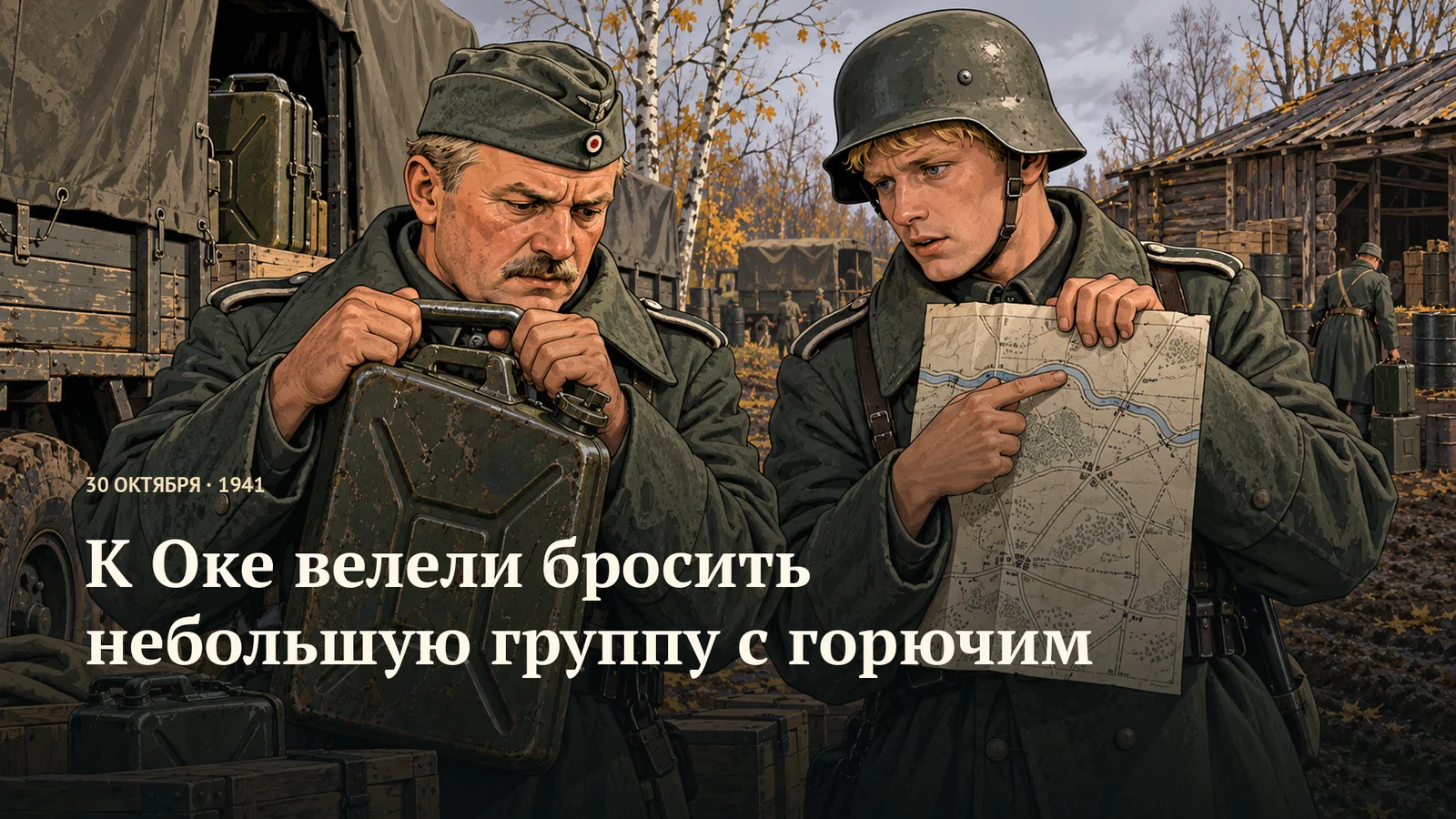 Старший немецкий военнослужащий в пилотке держит металлическую канистру за верх двумя руками; молодой в каске указывает пальцем на линию реки на складной карте