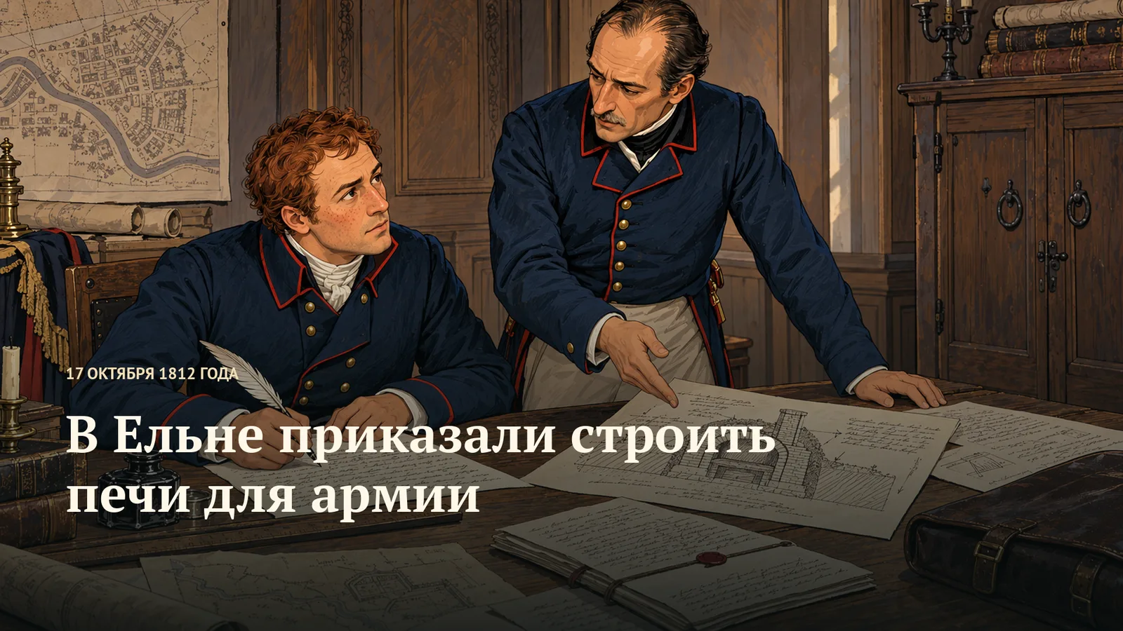 Два офицера разбирают чертёж печи