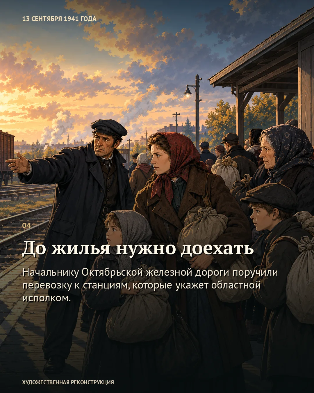 Карточка о дороге к жилью: железнодорожник указывает путь женщинам и детям на станции.