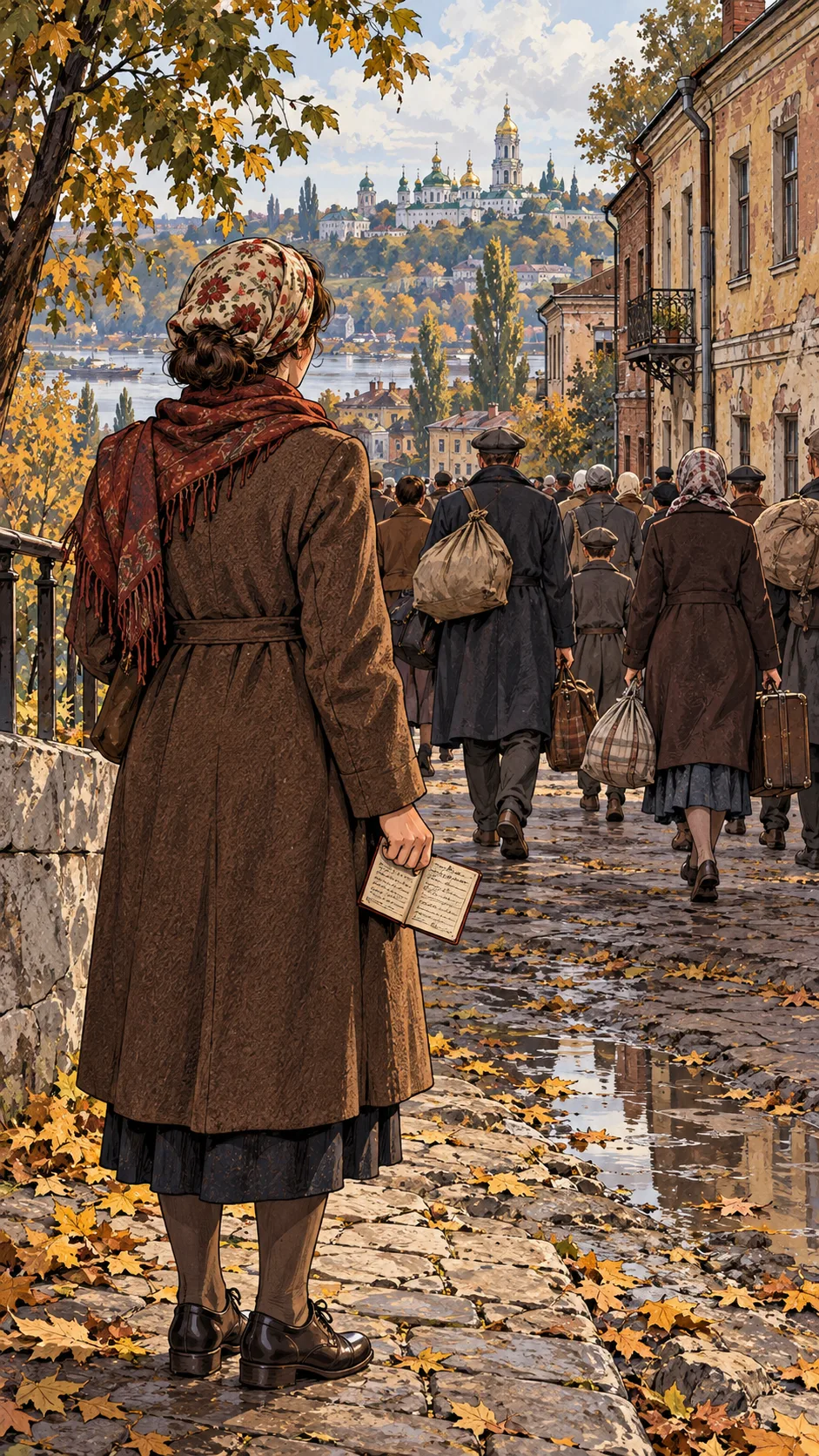 Женщина с документом рядом с потоком людей