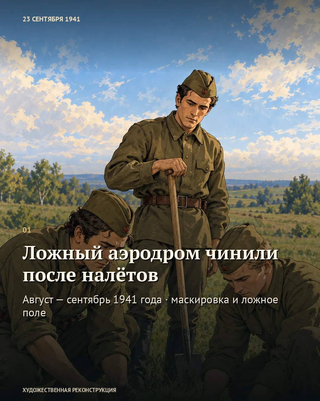 Карточка о восстановлении ложного аэродрома: бойцы с лопатой в поле.