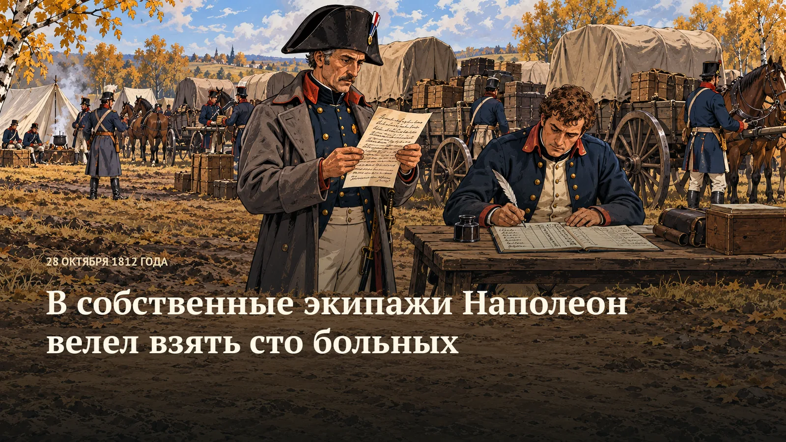 Французский офицер читает заполненный лист, писарь ведёт книгу у конных повозок — горизонтальная обложка, художественная реконструкция1812года