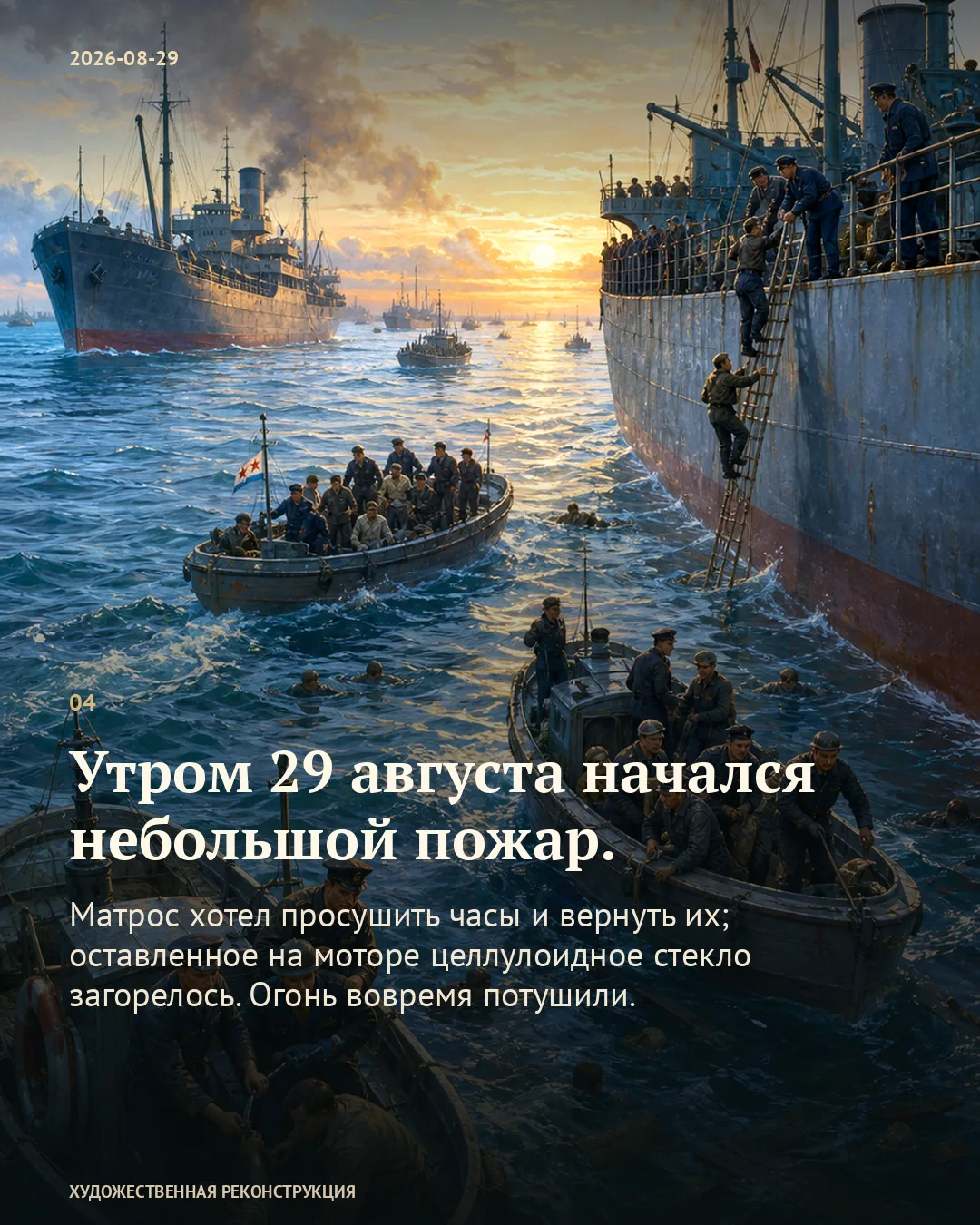 Карточка о небольшом пожаре: лодки с людьми возле большого корабля.