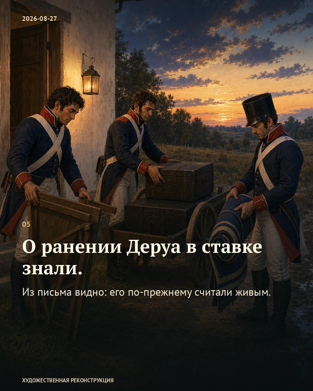 Солдаты грузят сундуки; карточка о сведениях о ранении Деруа.
