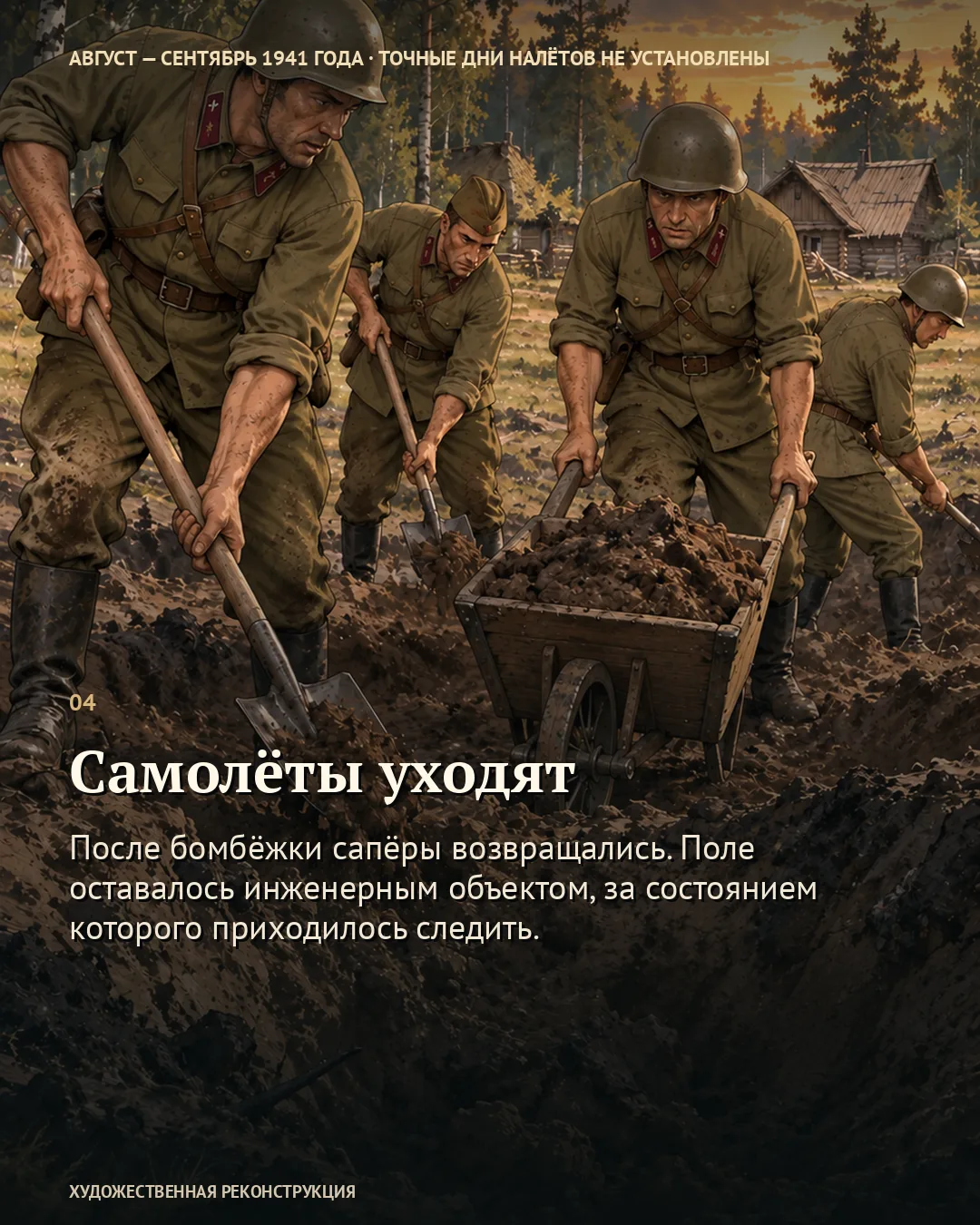 Карточка о работе после налёта: бойцы засыпают воронку.