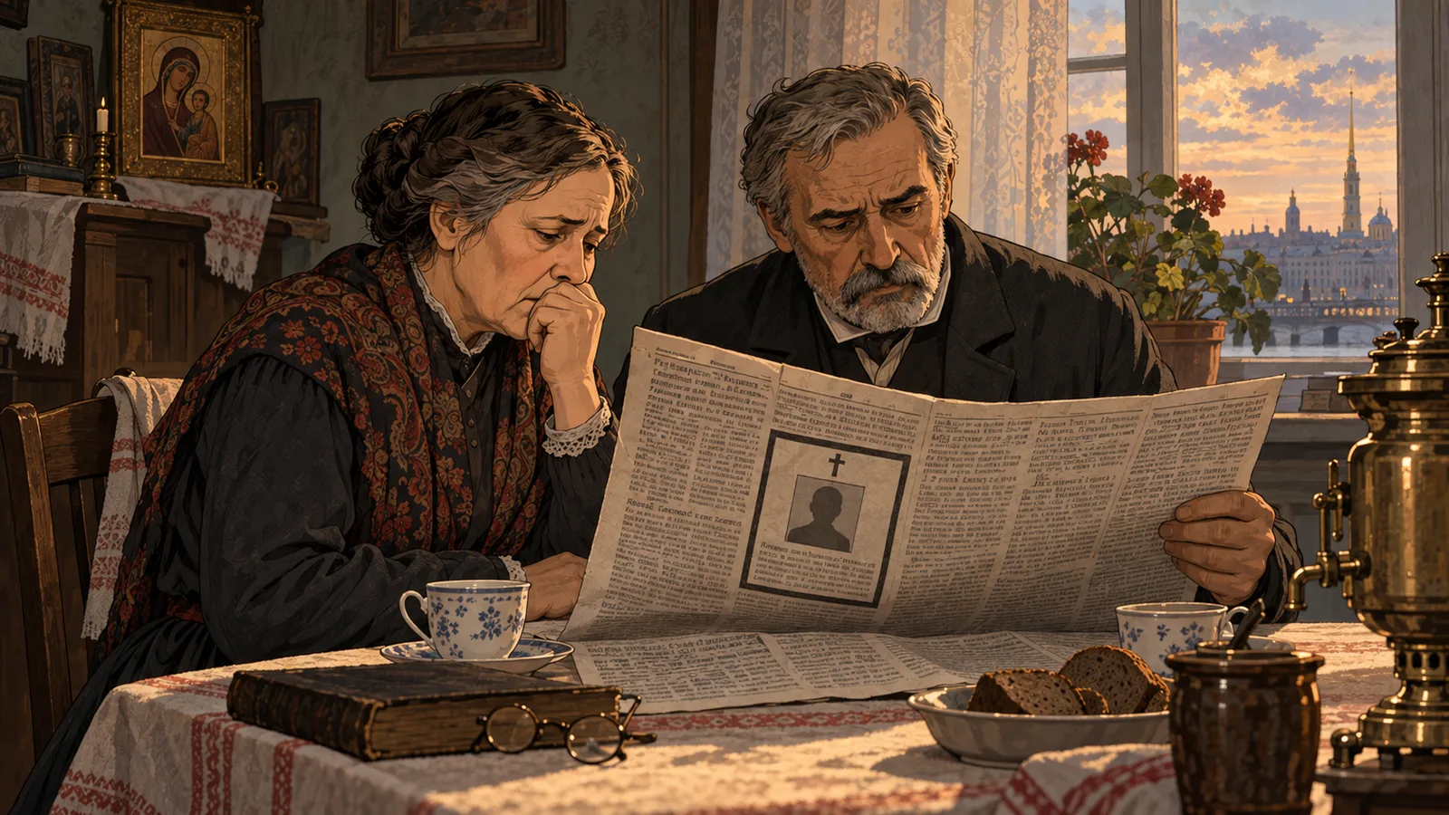 Пожилые мужчина и женщина читают газету за домашним столом
