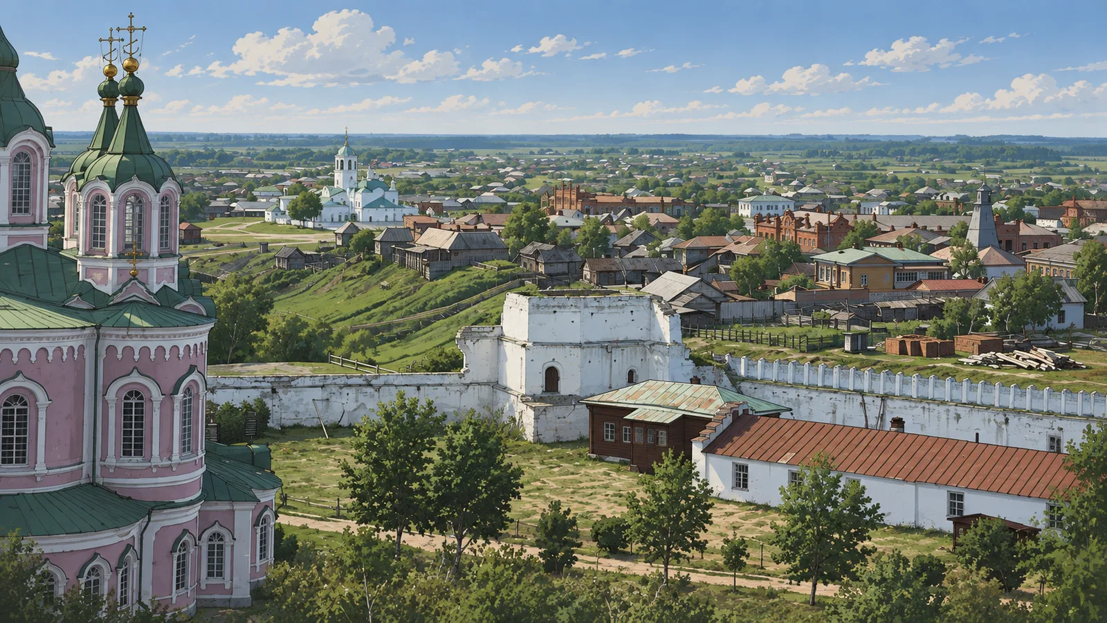 Панорама города с монастырской стеной, церквями и жилыми домами.