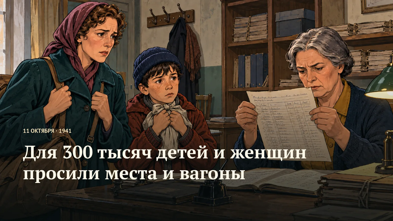 Женщина в бирюзовом пальто держит ремни закрытой сумки, ребёнок в синей шапке — светлый узелок; седая сотрудница читает таблицу, удерживая лист двумя руками