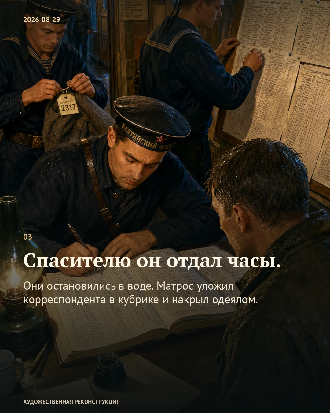 Карточка о подаренных часах: моряки ведут записи и сверяют списки.