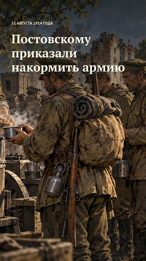 Вертикальная обложка «Постовскому приказали накормить армию»: русские солдаты с мисками у полевой кухни среди разрушенных стен.