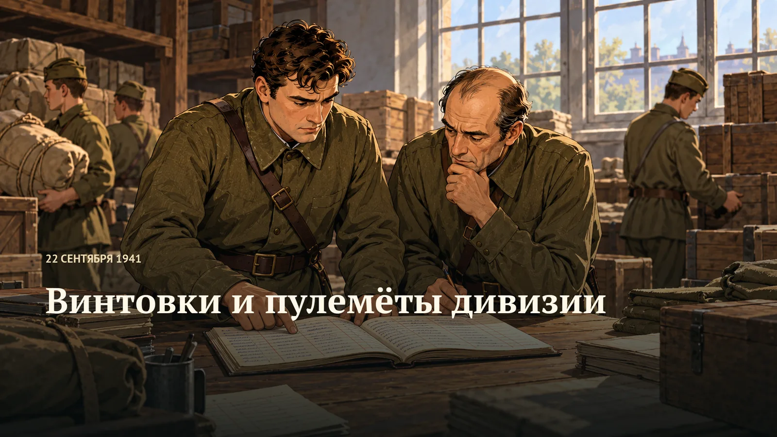 Обложка: двое военных читают учётную книгу на складе.