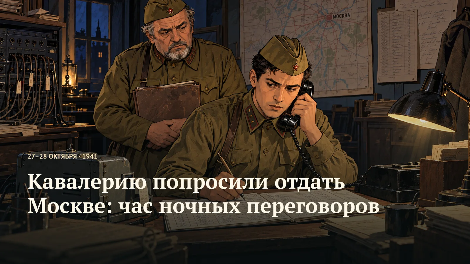 Связист держит телефонную трубку и делает запись в журнале; рядом помощник с папкой. Ночной штабной интерьер, художественная реконструкция.