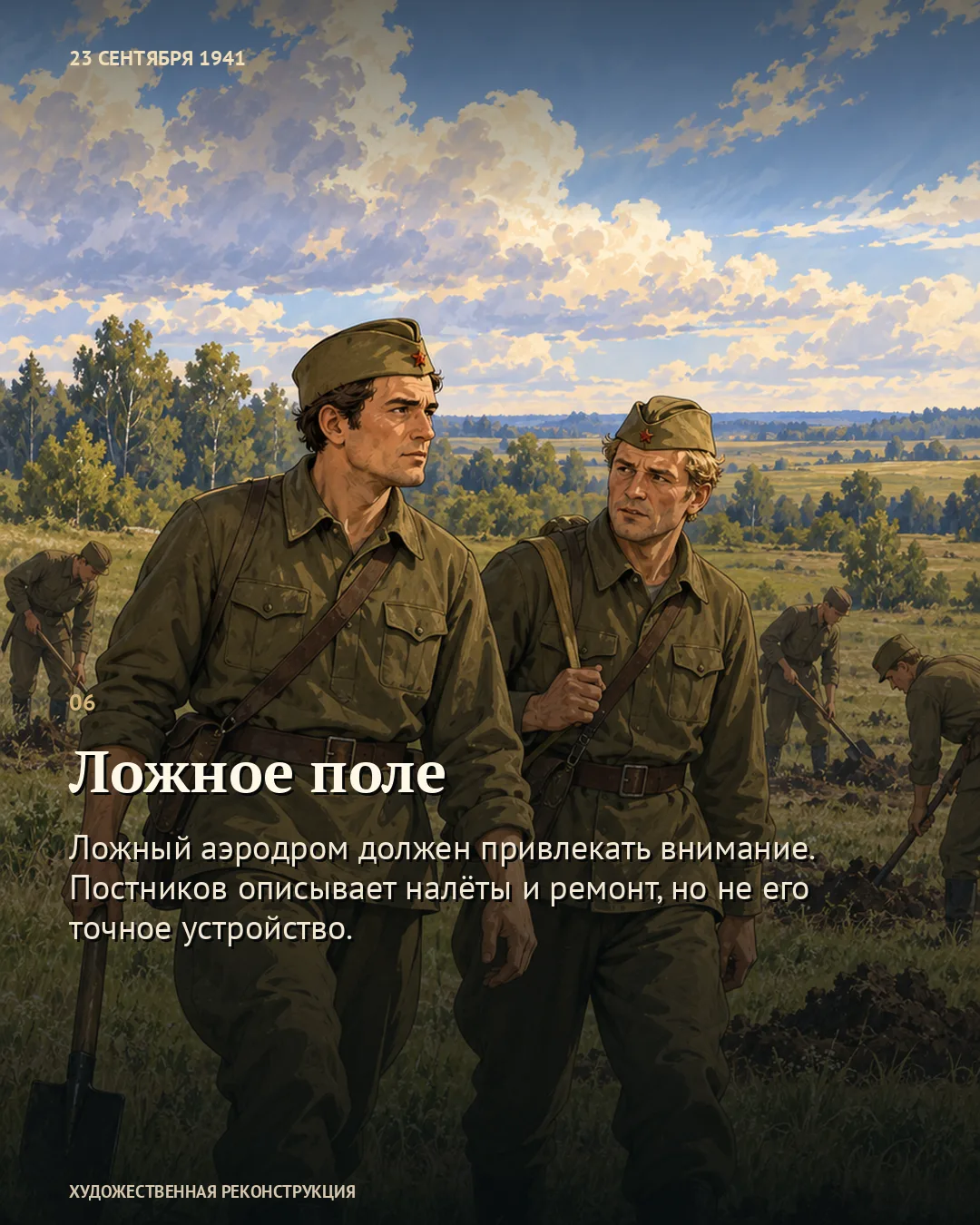 Карточка о ложном поле: двое бойцов на фоне земляных работ.