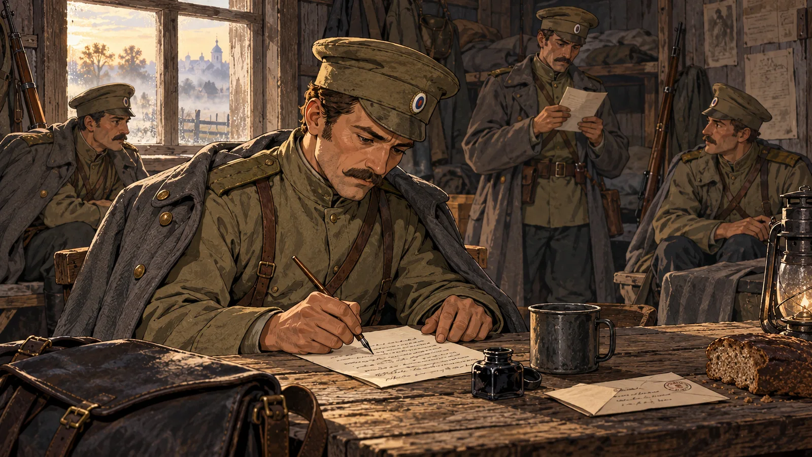 Военный пишет письмо за столом; трое товарищей позади