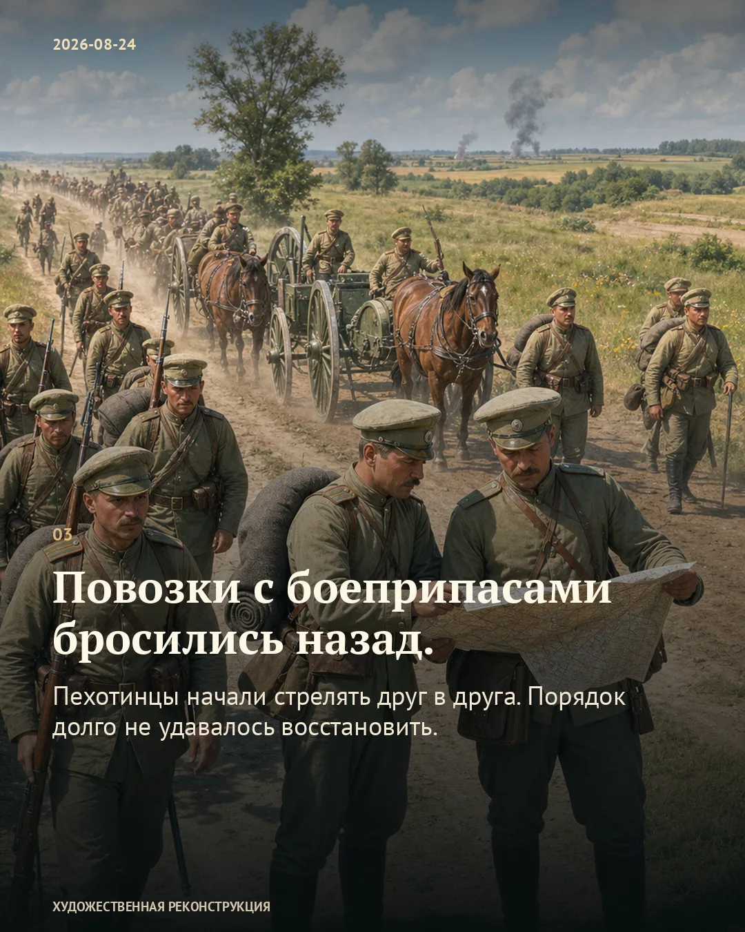 Карточка о бегстве зарядных ящиков и стрельбе друг в друга на фоне русских военных с картой перед колонной.