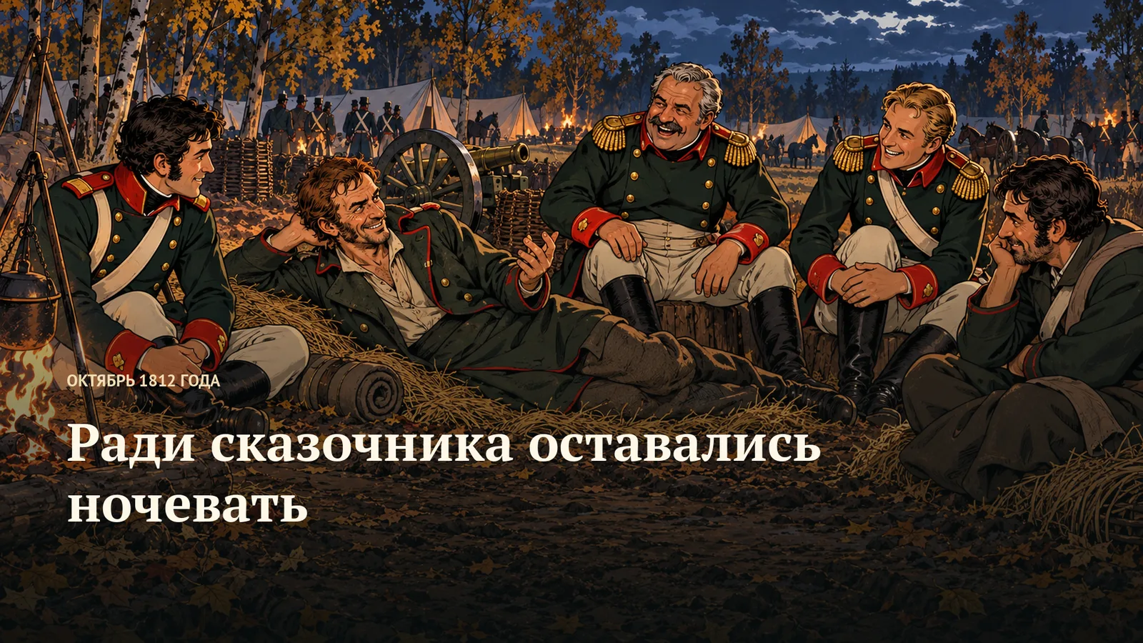 Солдат лежит на соломе и рассказывает, жестикулируя рукой; четверо сидящих военных улыбаются у небольшого костра.