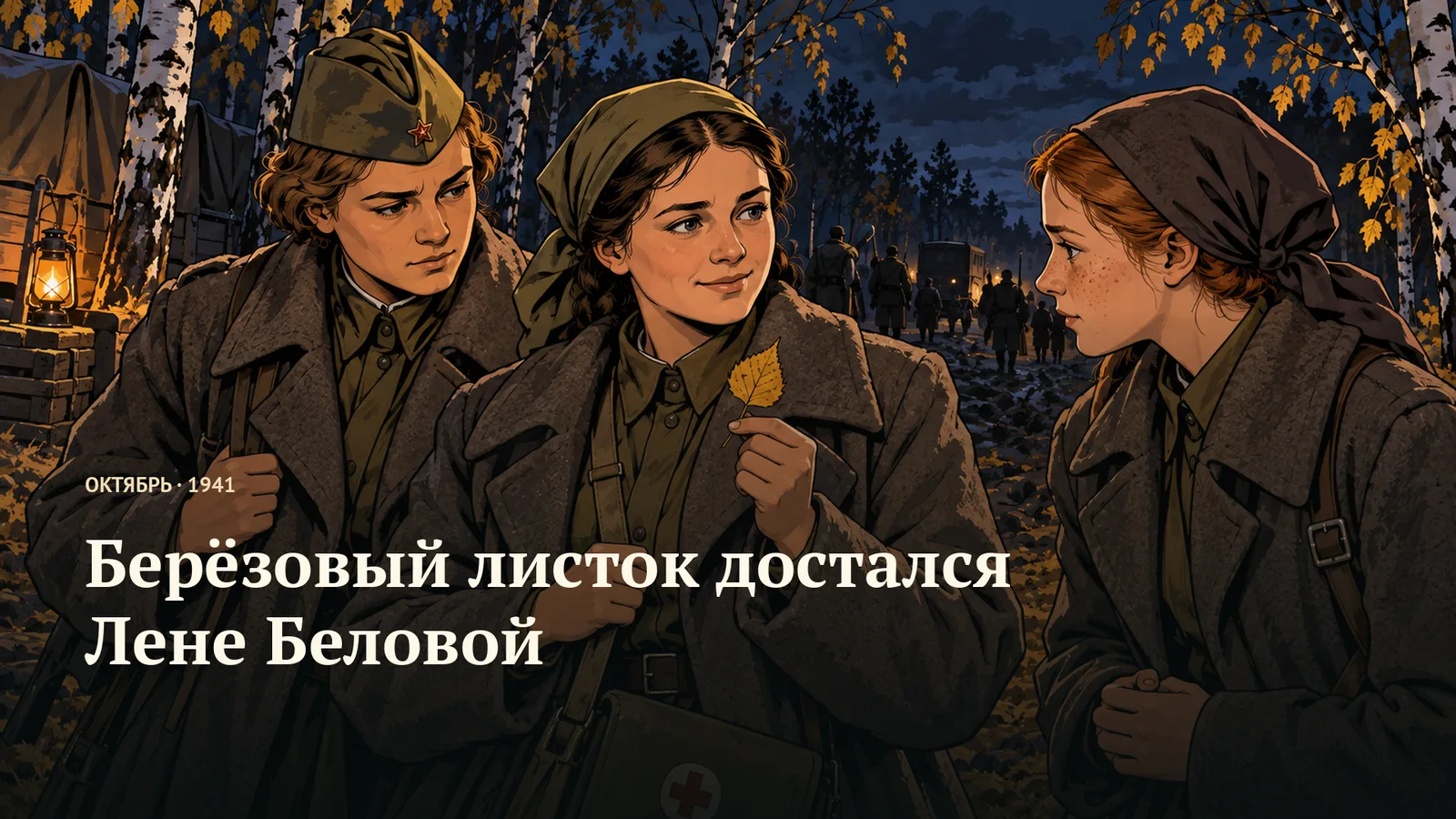 Три девушки в ночной осенней сцене; виден небольшой жёлтый берёзовый листок.