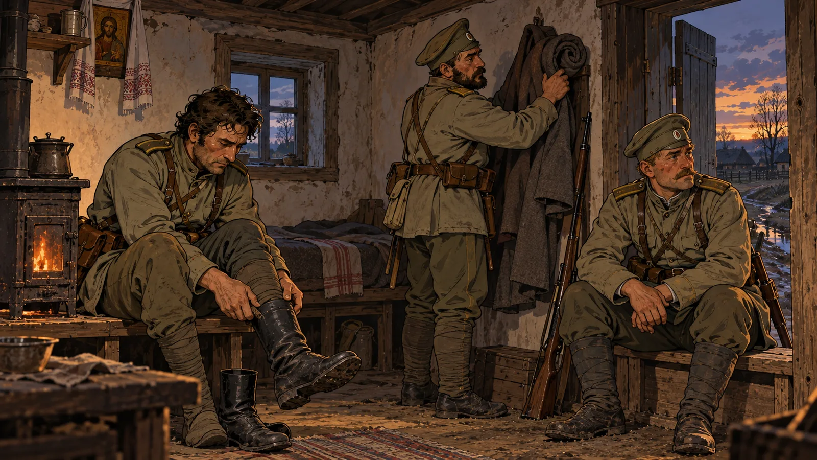 Трое военных у печи: двое сидят, третий держит шинель