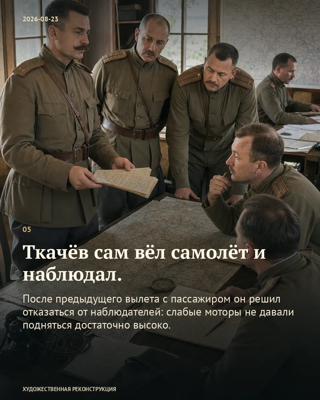 Карточка об одиночном пилотировании и слабом моторе на фоне военного с блокнотом перед офицерами у штабной карты.