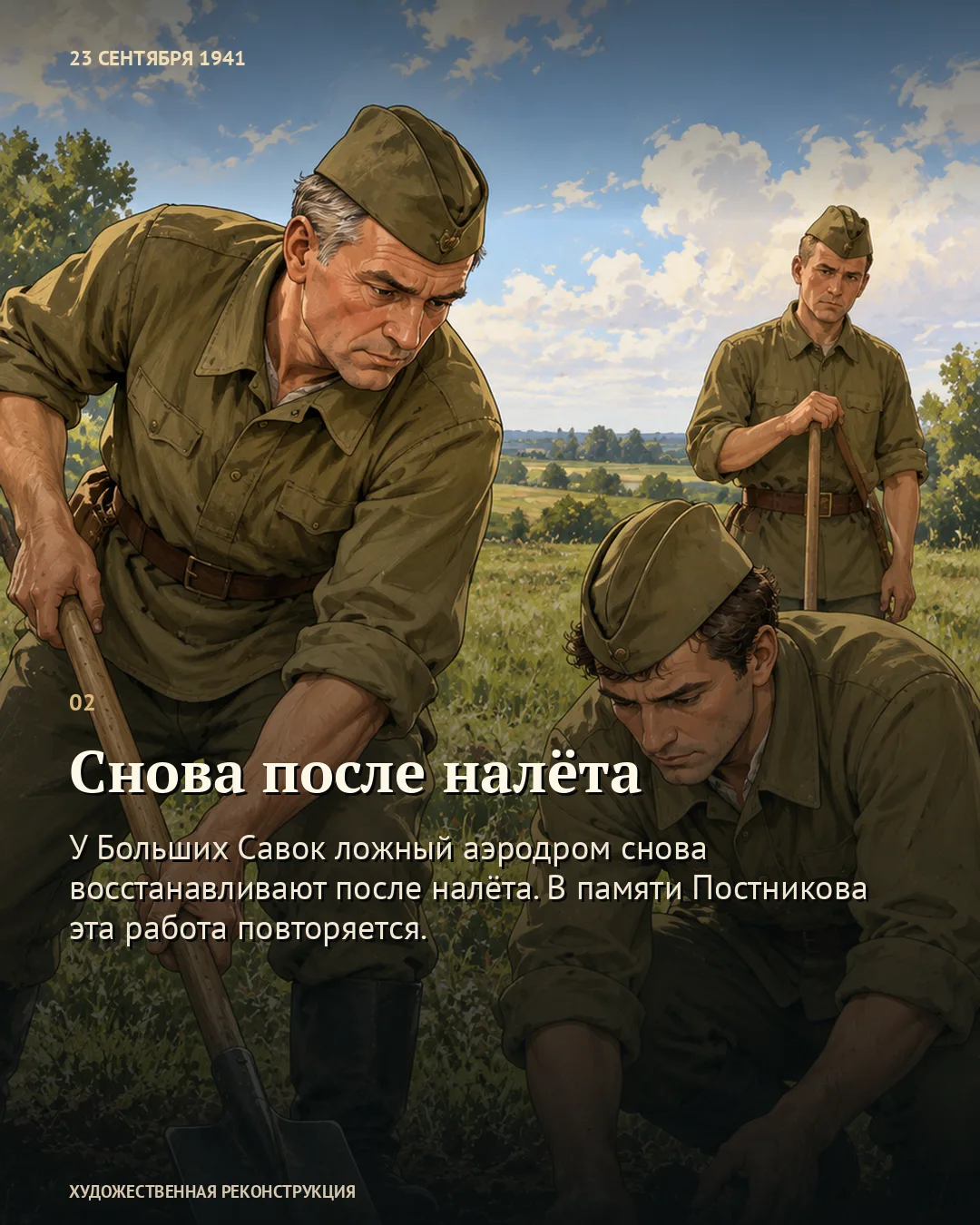 Карточка о работе после налёта: бойцы у земли с лопатами.