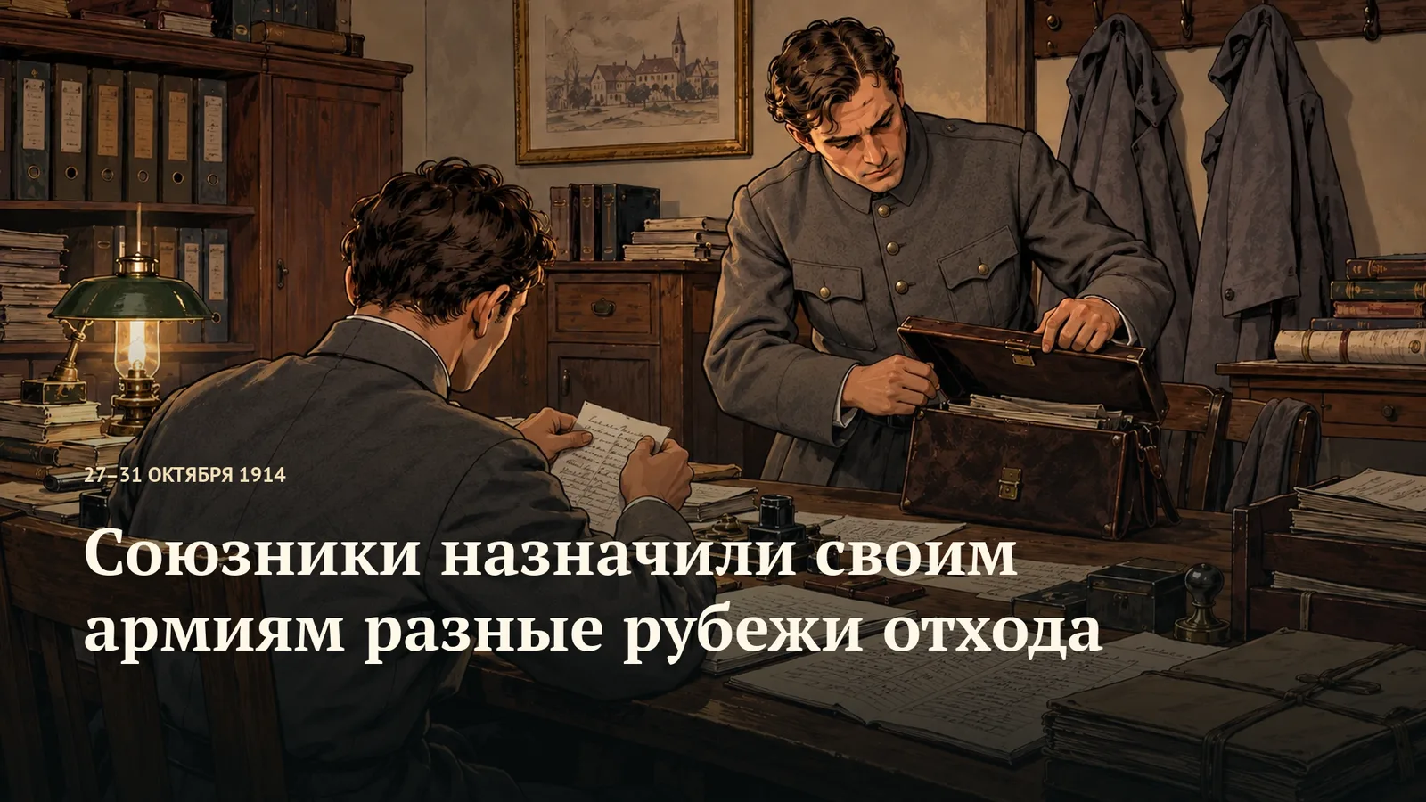 Двое условных штабных служащих готовят письменные сообщения и папки у рабочего стола.