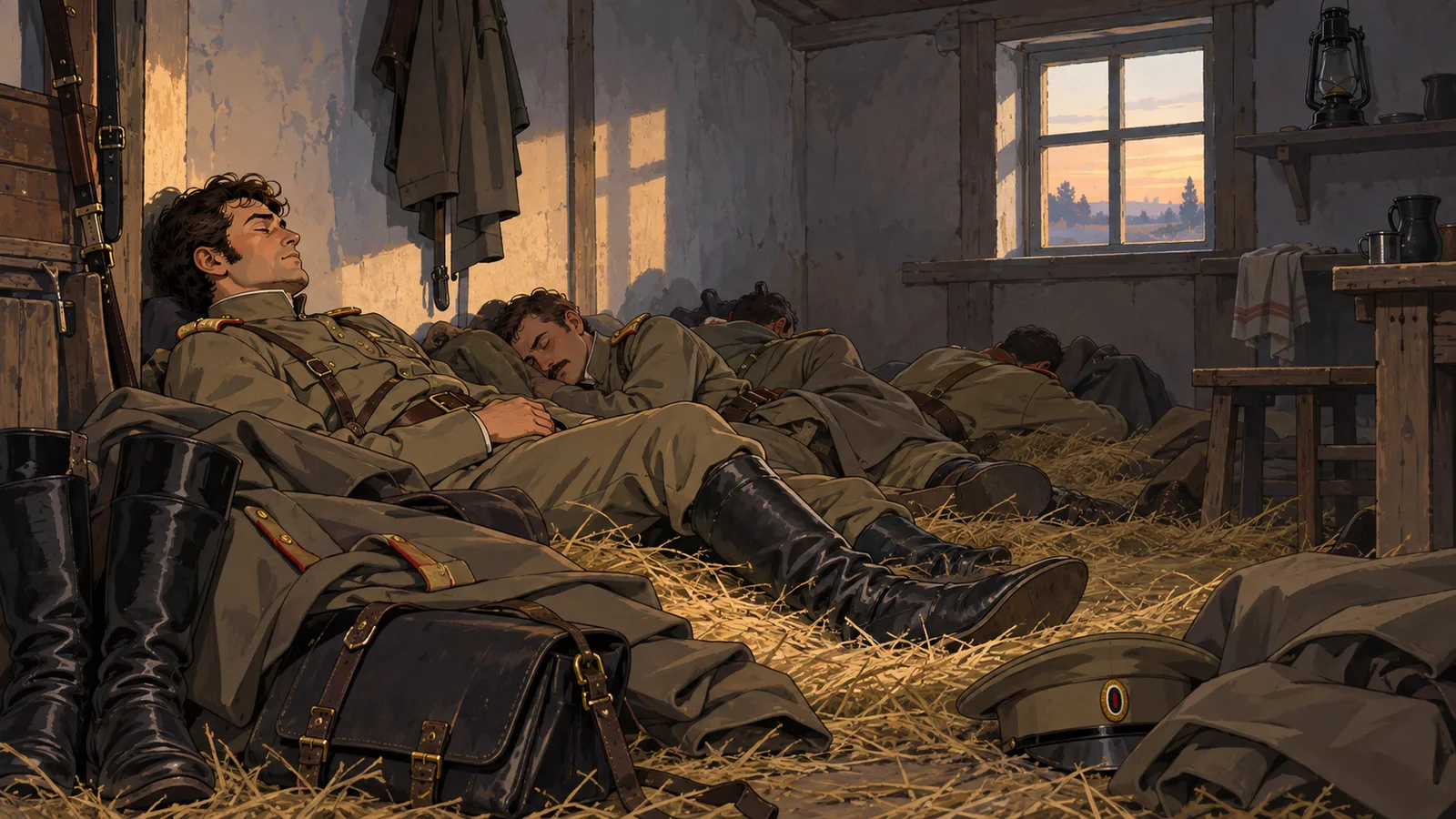 Военные спят на сене у стены; в окно входит утренний свет
