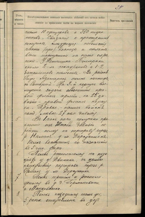 Рукописные записи на листе 24 журнала 98-го Юрьевского полка с датами в левой колонке.