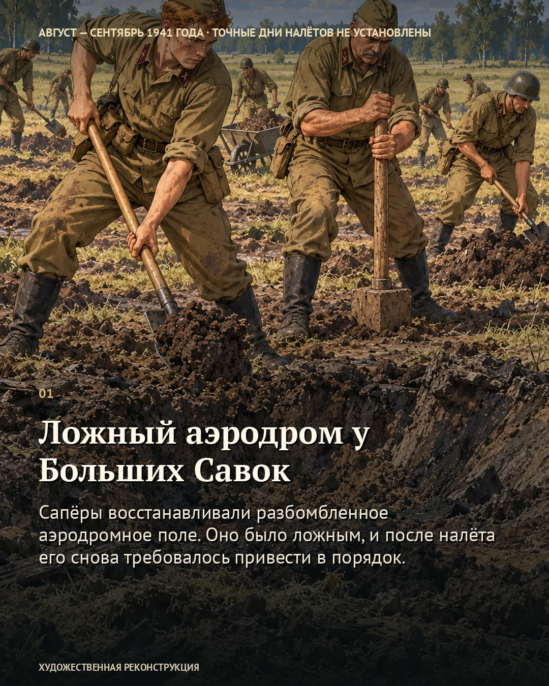 Карточка о ложном аэродроме: бойцы копают землю в поле.