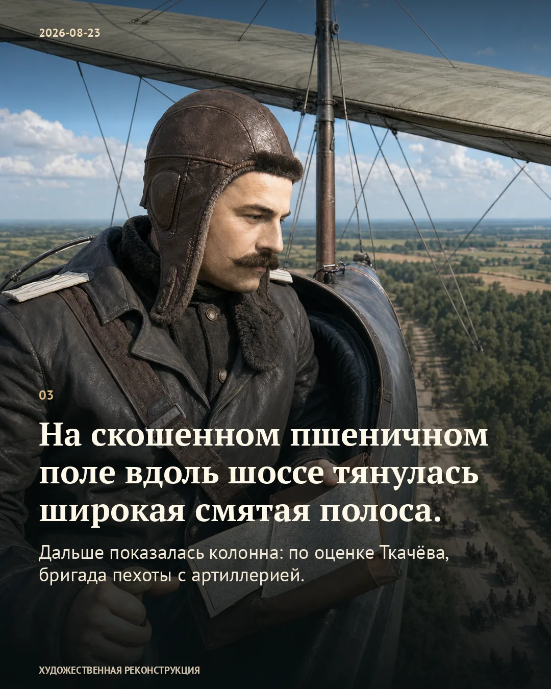 Карточка о широкой смятой полосе на пшеничном поле на фоне лётчика с раскрытой картой в кабине.