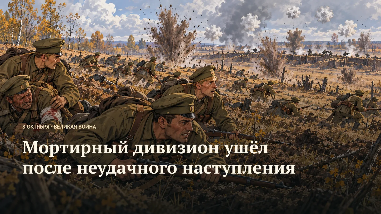 Солдаты укрываются на поле под разрывами