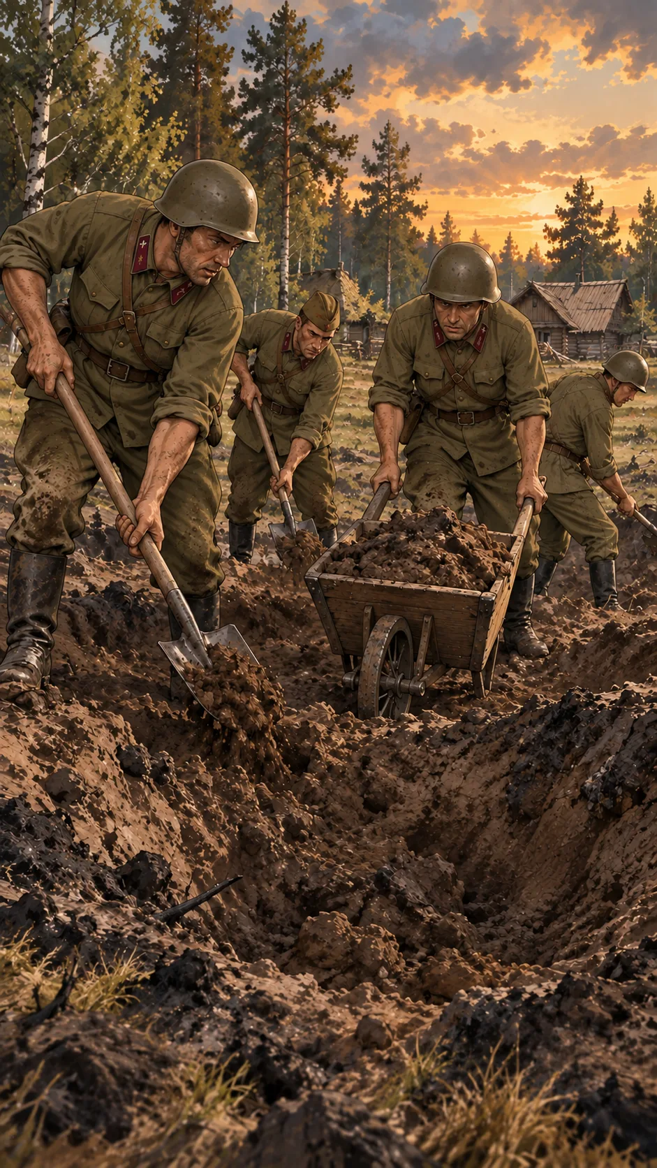 Бойцы засыпают воронку землёй из тачки на закате.