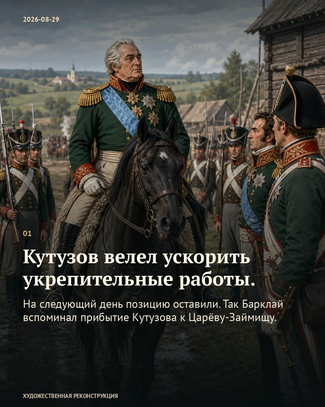 Кутузов верхом среди офицеров; карточка об ускорении укрепительных работ.