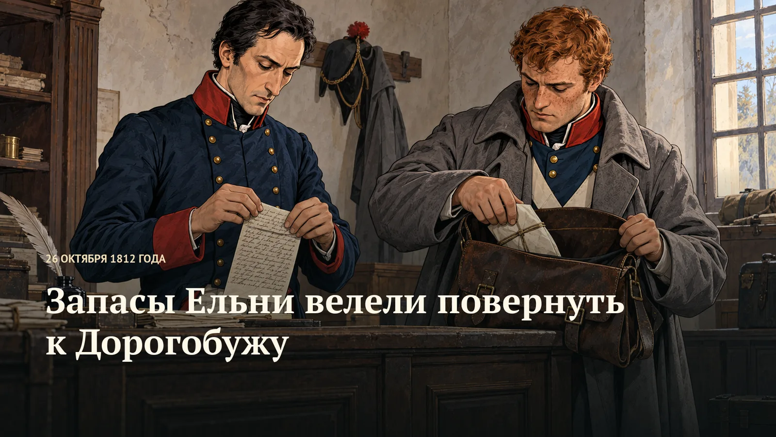 Двое французских военных с заполненным письмом и кожаной сумкой у стола — горизонтальная обложка, художественная реконструкция1812года