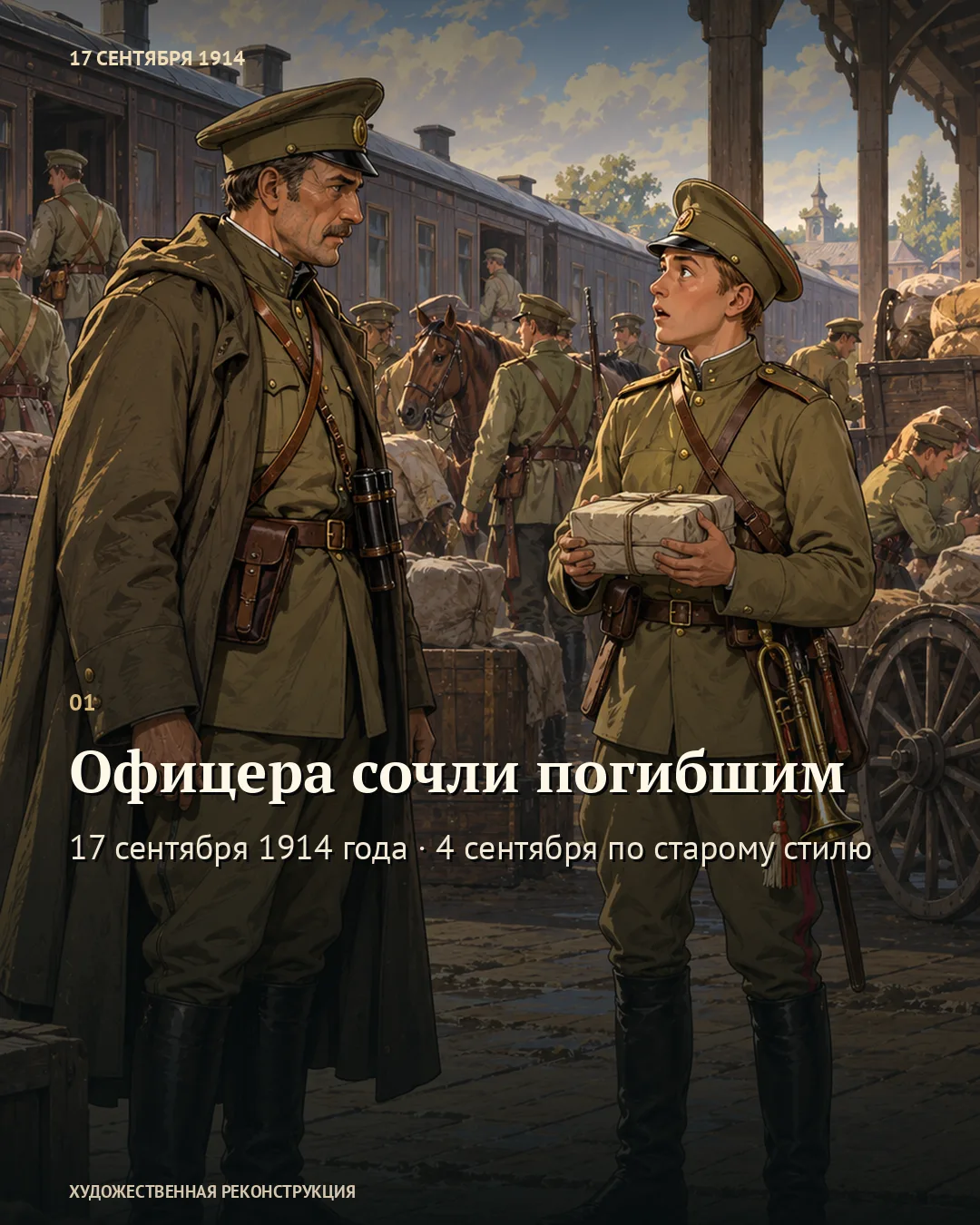 Карточка «Офицера сочли погибшим» с офицером и удивлённым трубачом
