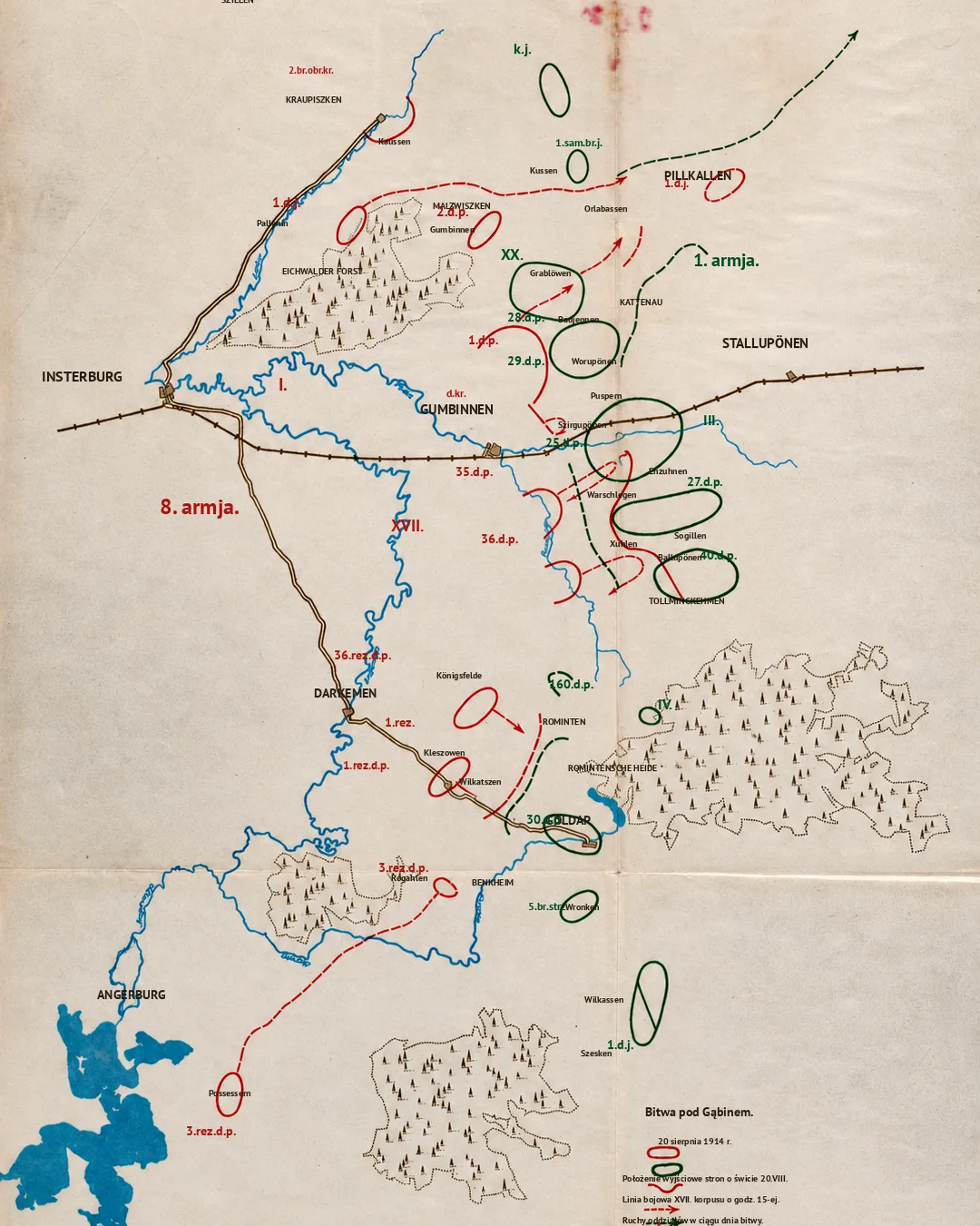 Цветная карта с польским заголовком «Bitwa pod Gąbinem», датой 20 sierpnia 1914 r. и красными и зелёными обозначениями у Гумбиннена.