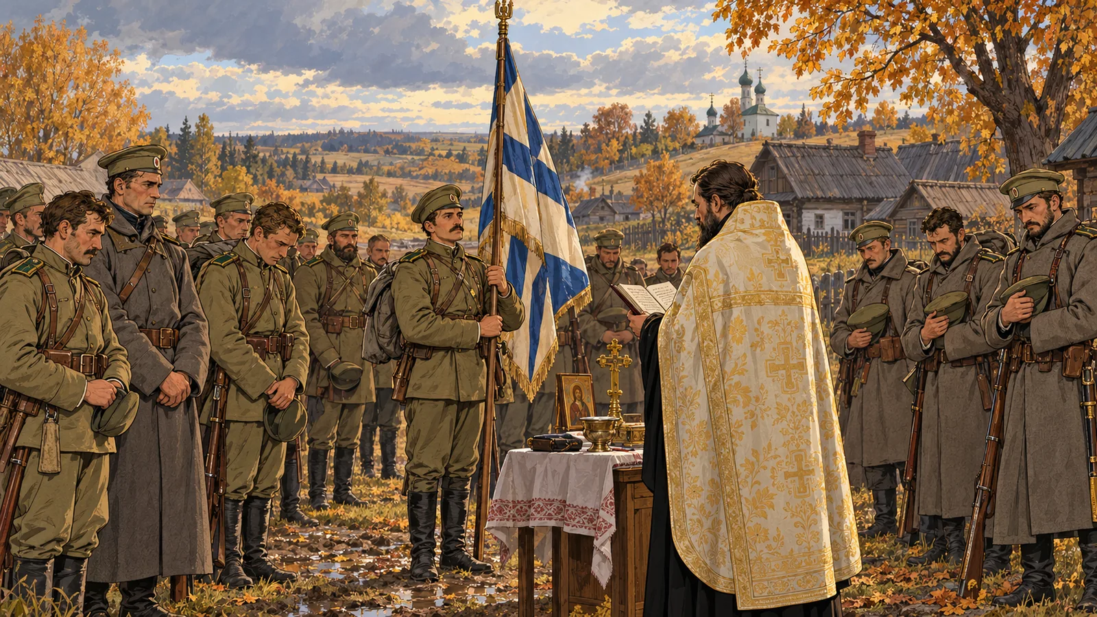 Священник с раскрытой книгой служит перед строем и знаменем