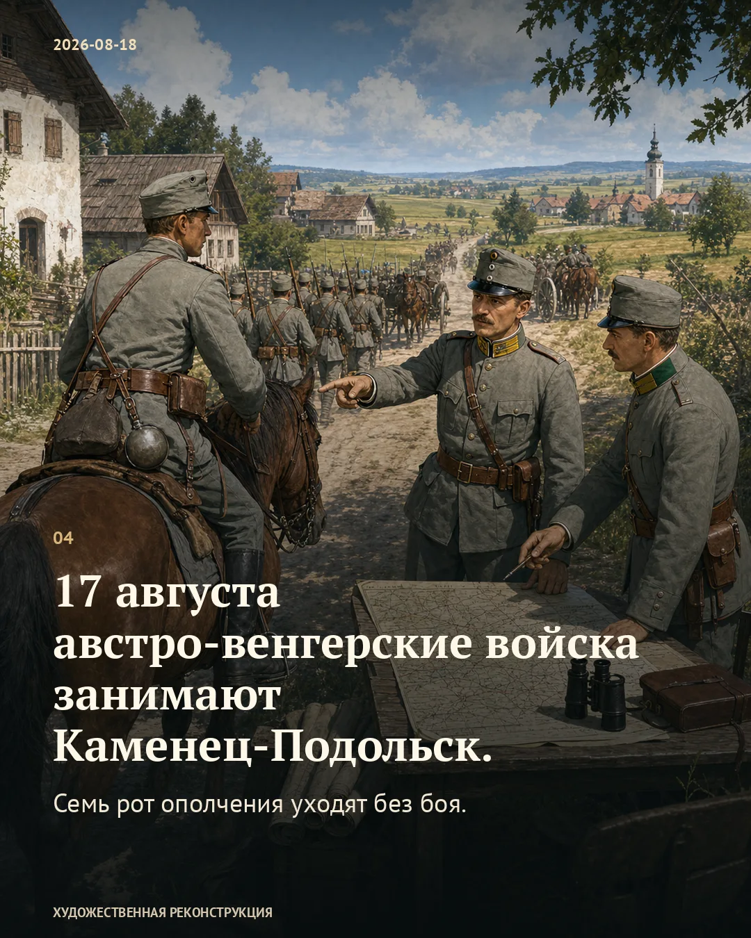 Карточка о занятии Каменца-Подольска 17 августа на фоне военных в серой форме у полевой карты.