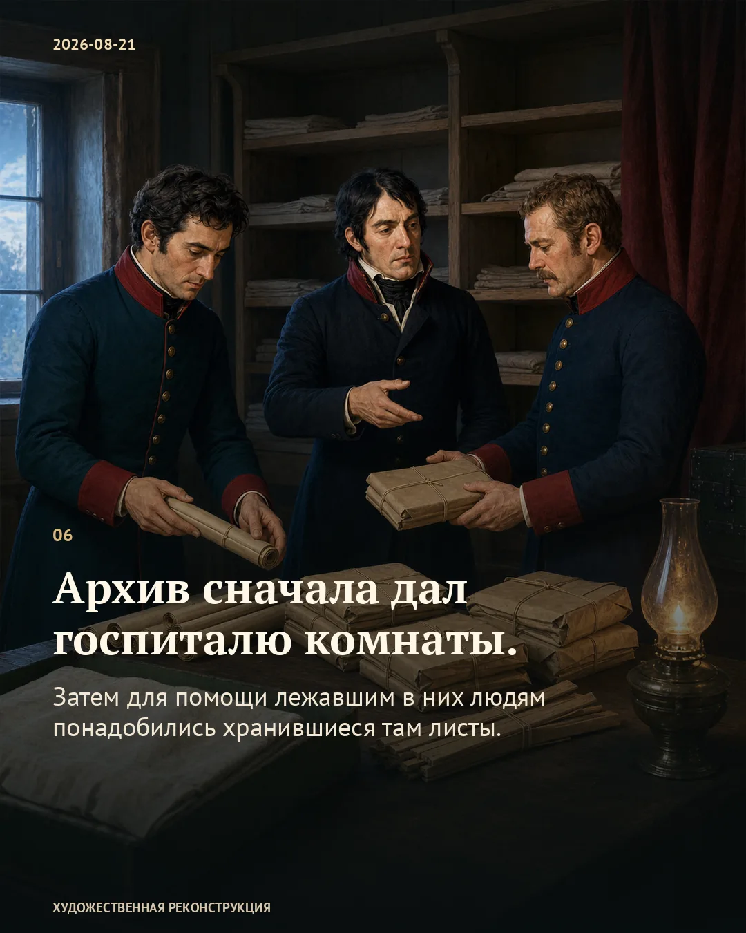 Трое мужчин со свёртками; карточка об архивных листах для госпиталя.
