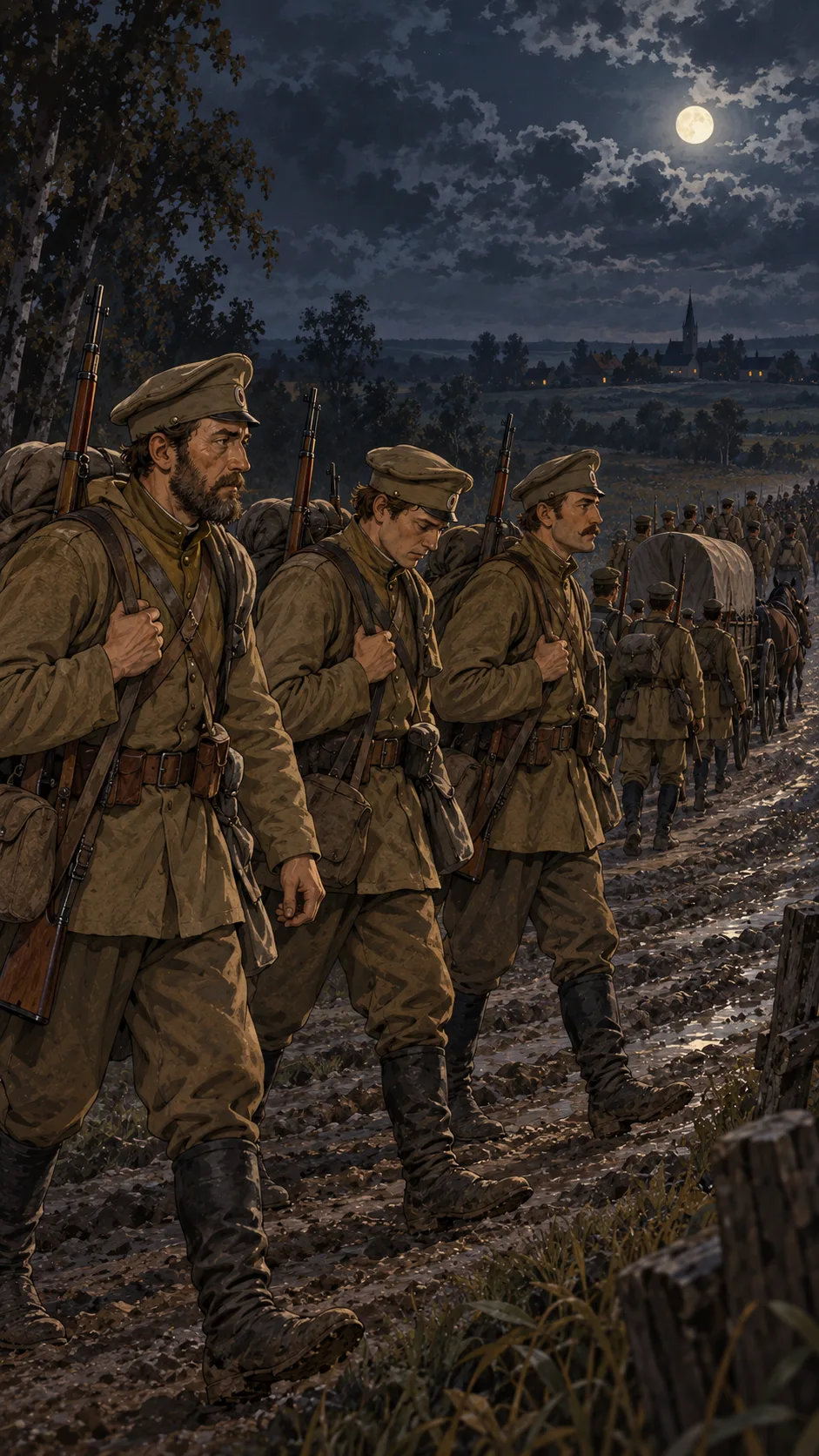 Условная сцена ночного перехода юрьевцев 10–11 сентября 1914 года. Точная дорога, погода и вид деревни не установлены.