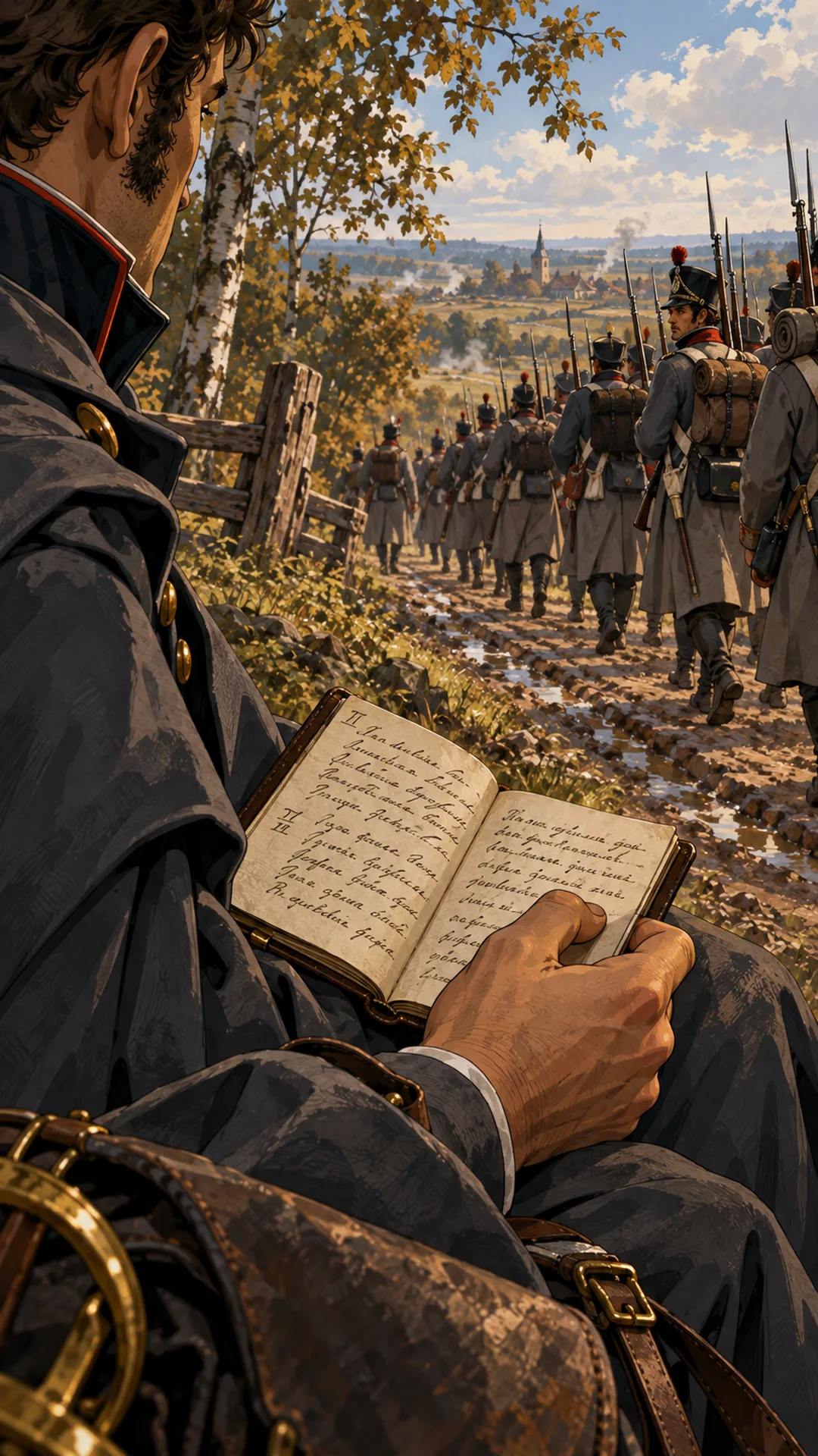 Офицер с записной книжкой смотрит на колонну
