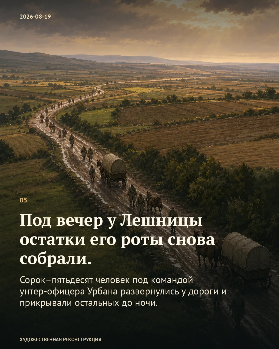 Карточка о 40–50 собравшихся людях роты на фоне редкой колонны на дороге среди холмов.