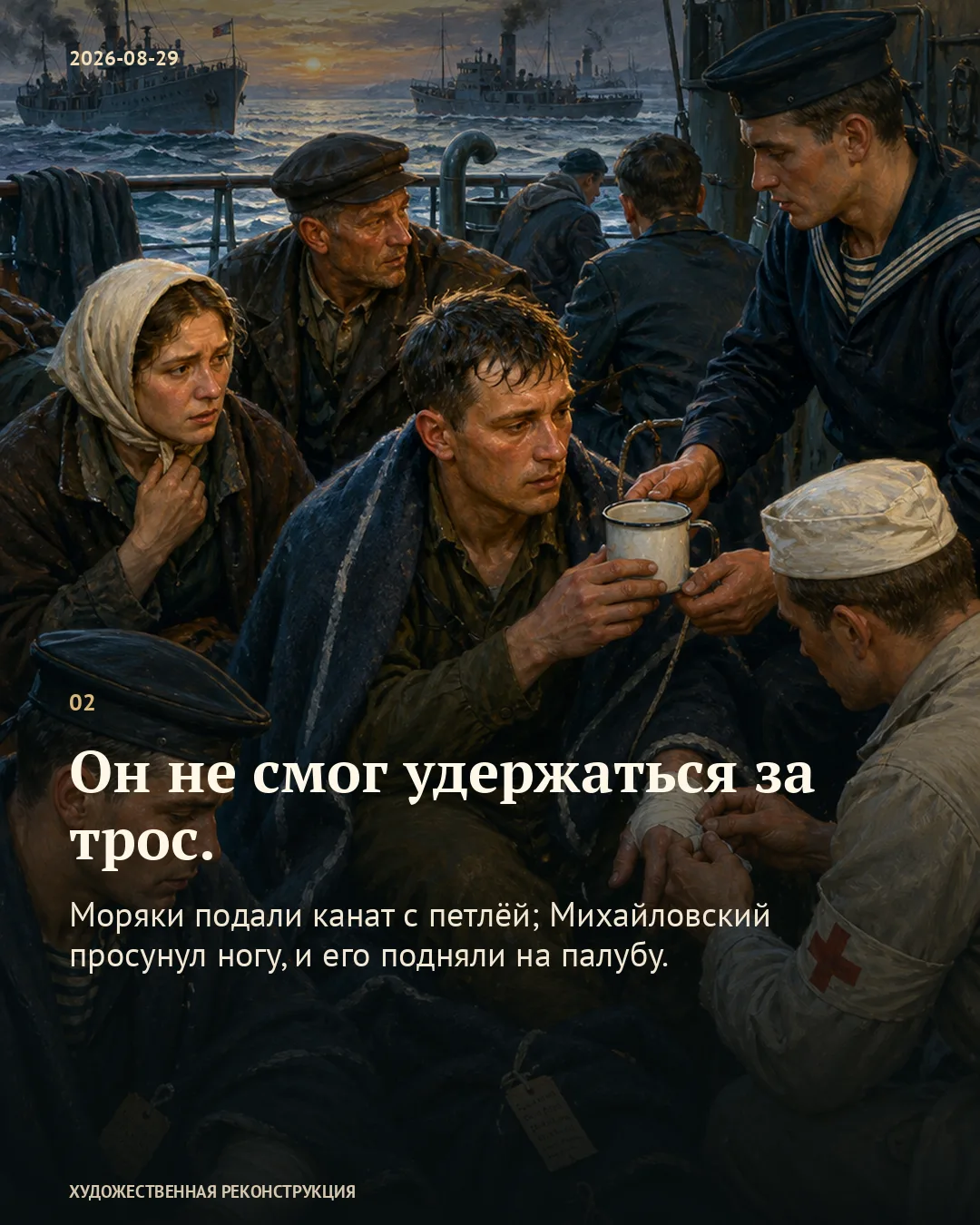 Карточка о канате: моряк подаёт кружку промокшему мужчине на палубе.