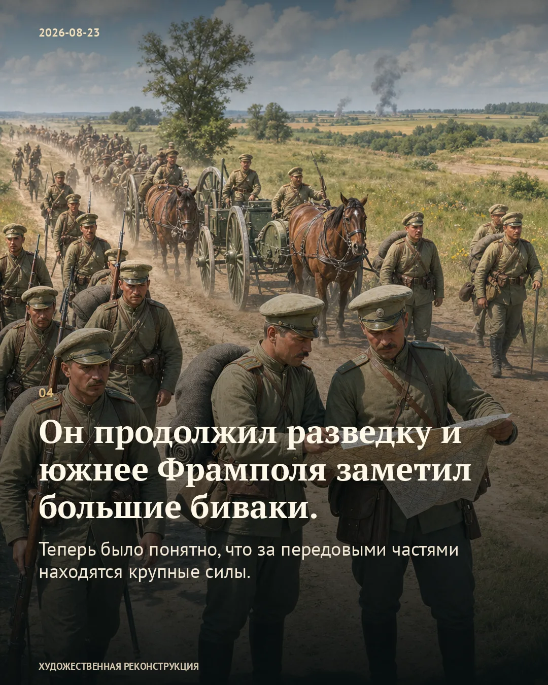 Карточка о больших биваках южнее Фрамполя на фоне русских военных с картой и походной колонны.