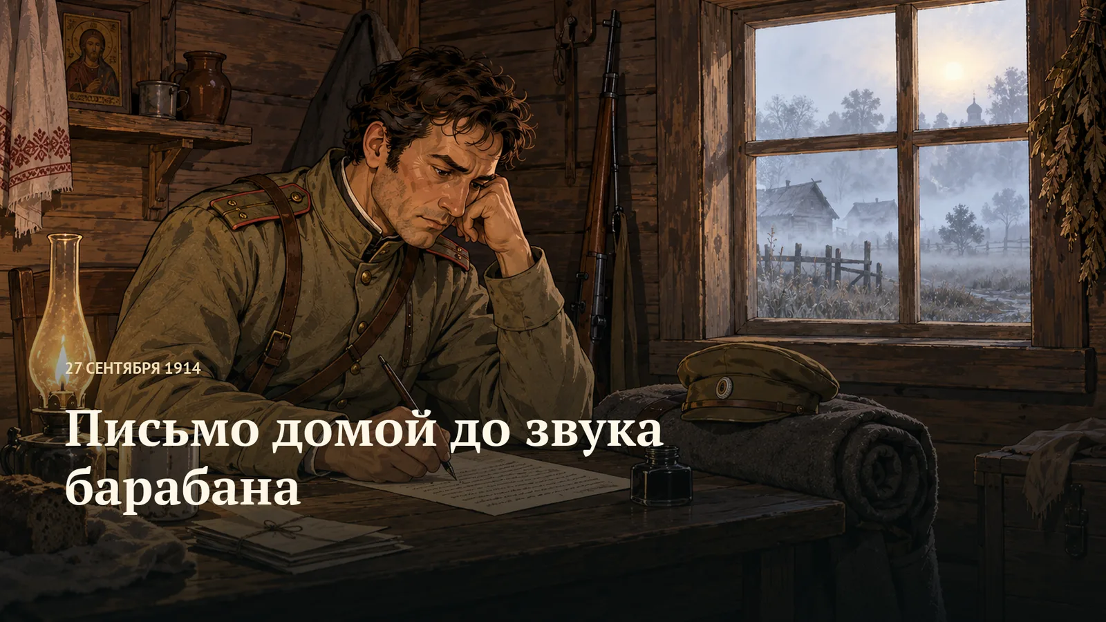 Военный пишет у окна; горизонтальная обложка «Письмо домой до звука барабана»