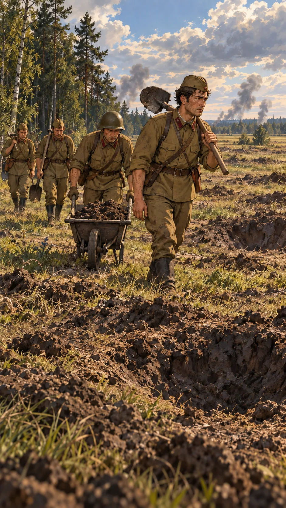 Боец несёт лопату; за ним двое мужчин везут землю в тачке.